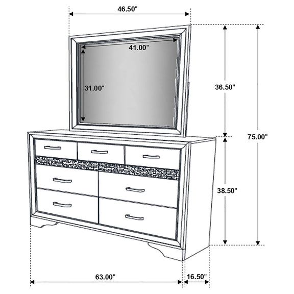 White dresser with mirror, line-art view; 7 drawers with silver bar handles