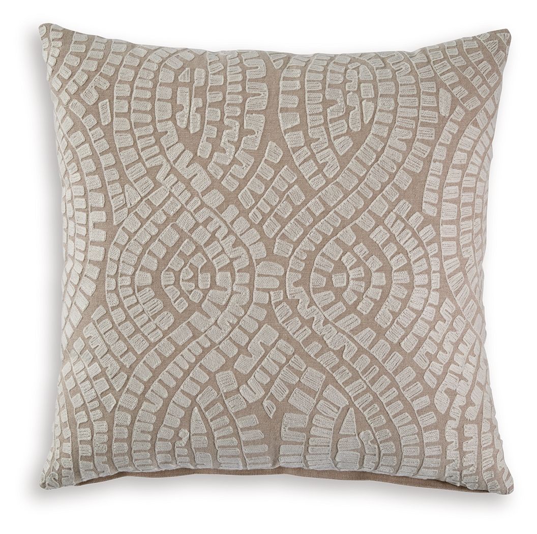 Beige decorative throw pillow with ivory geometric pattern