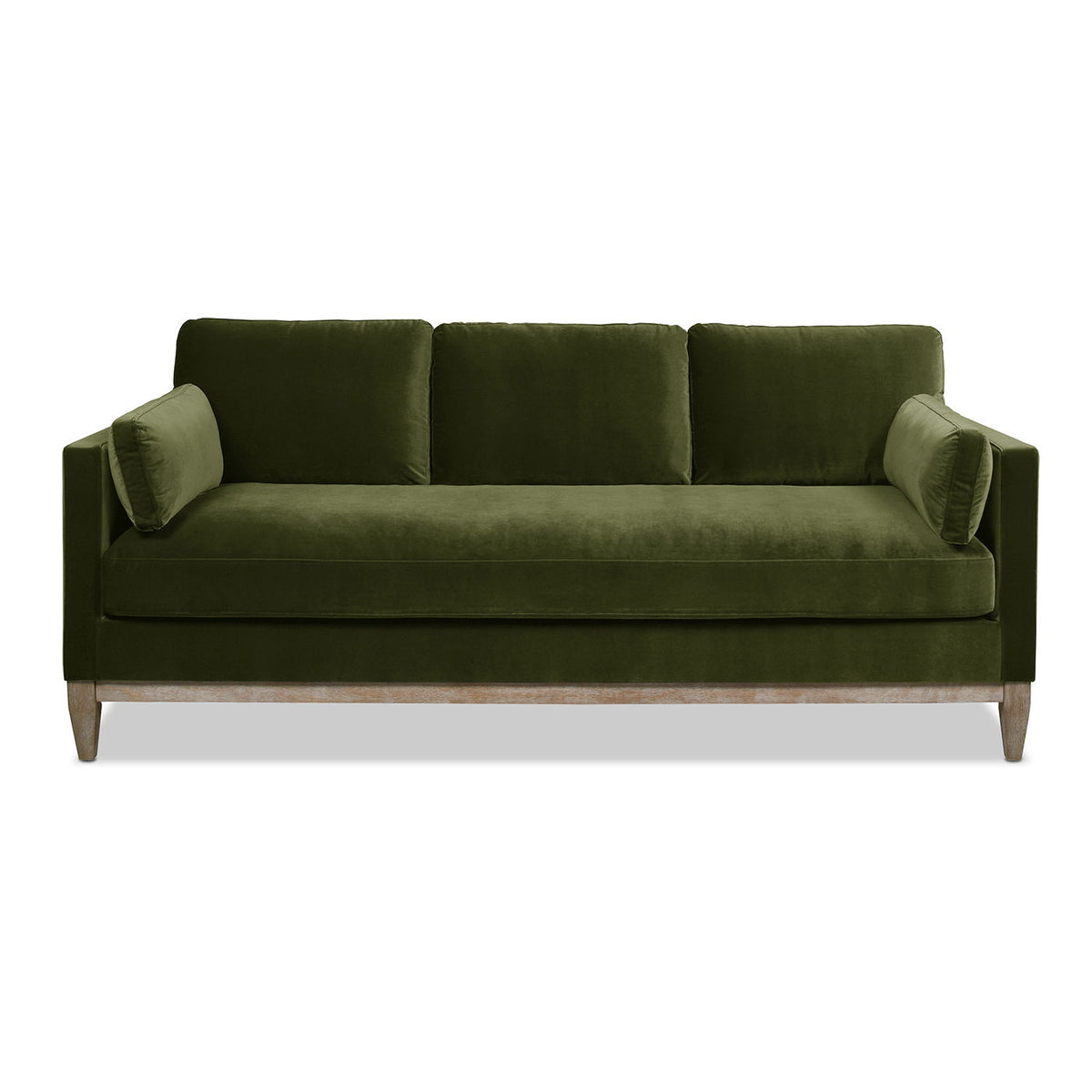 Knox modern farmhouse sofa in dark green, square arms, back cushions, wooden legs