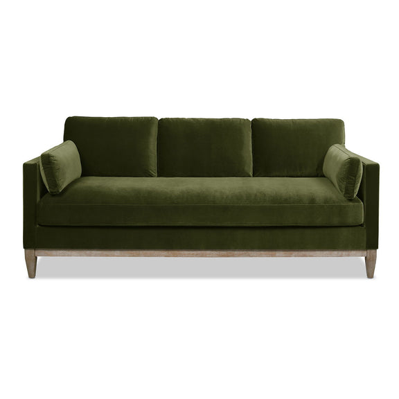 Knox modern farmhouse sofa in dark green, square arms, back cushions, wooden legs