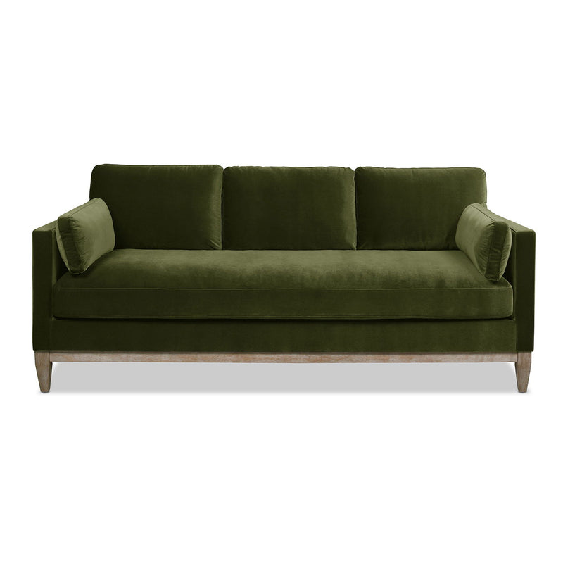 Knox modern farmhouse sofa in dark green, square arms, back cushions, wooden legs