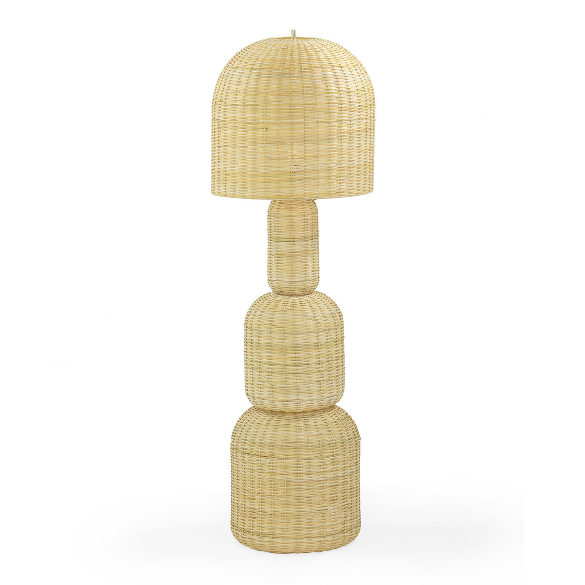 Natural rattan floor lamp with flared woven shade and stacked cylindrical body