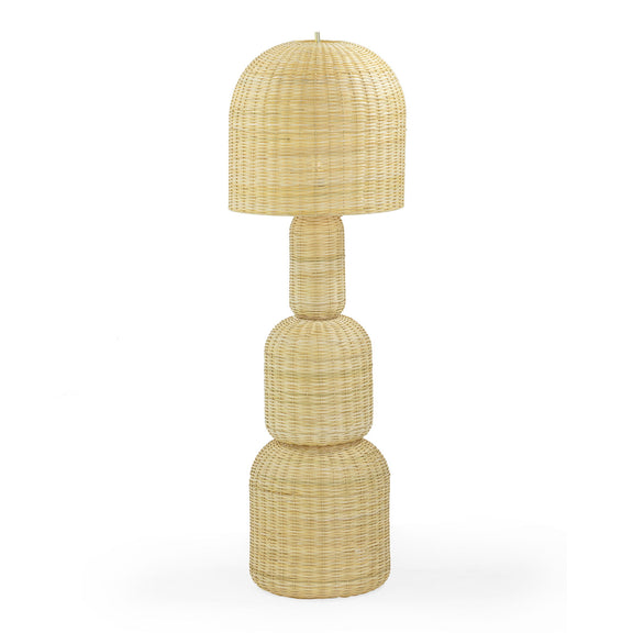 Natural rattan floor lamp with flared woven shade and stacked cylindrical body