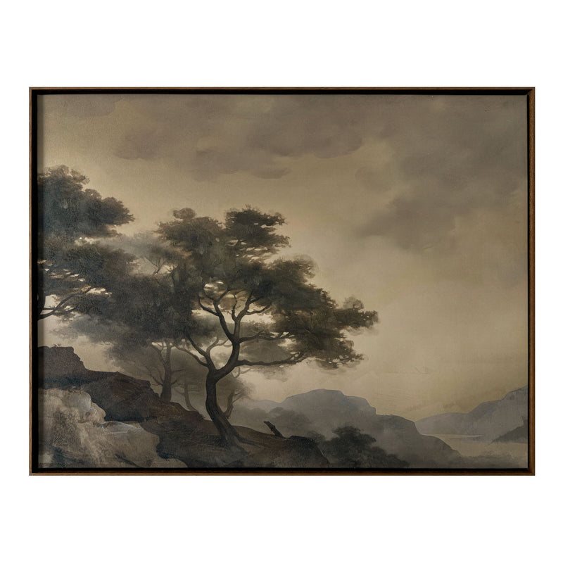 Framed landscape painting with tree scene in light brown and gray tones