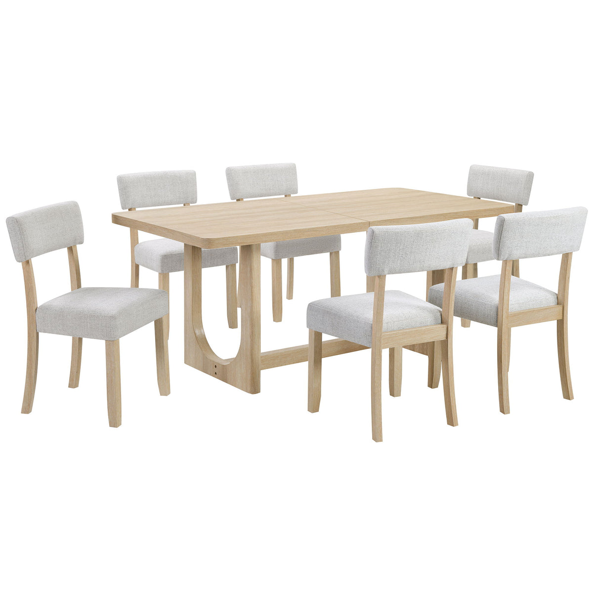 Rectangular dining table set with light oak table and six light gray upholstered chairs