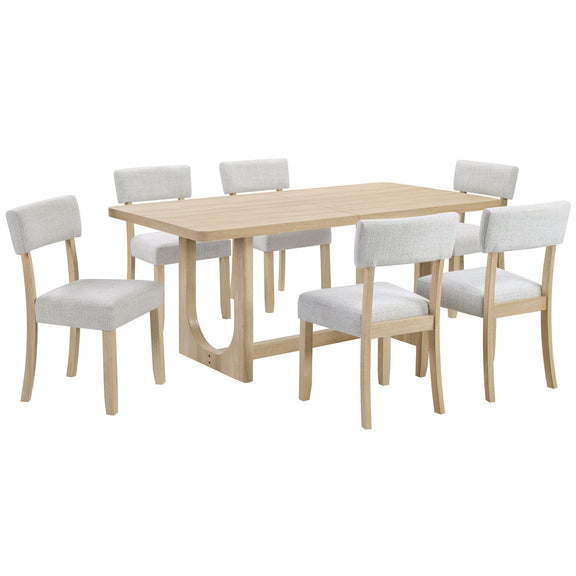 Rectangular dining table set with light oak table and six light gray upholstered chairs