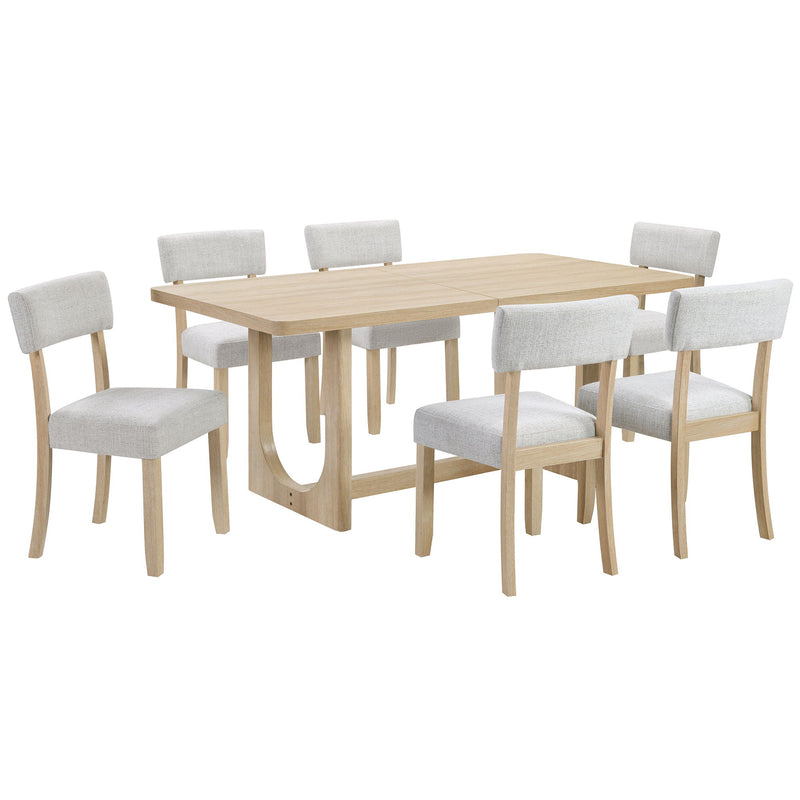 Rectangular dining table set with light oak table and six light gray upholstered chairs