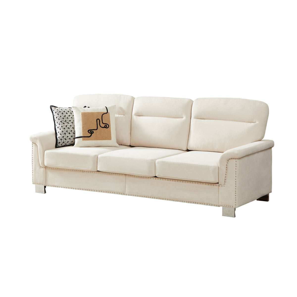 Cream 3-seater stationary sofa with square arms, piped edges, and three seat cushions