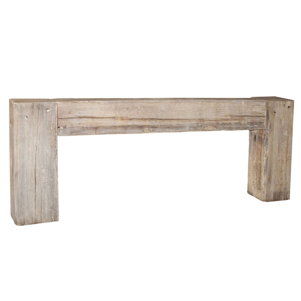Weathered wood console table with thick apron and squared end posts