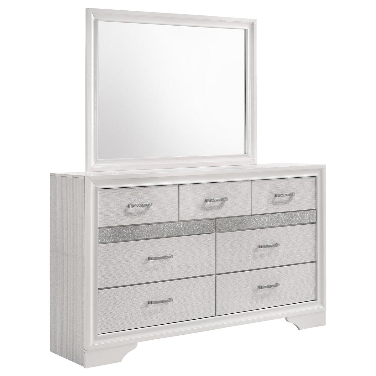 White 7-drawer dresser with framed mirror and silver bar handles