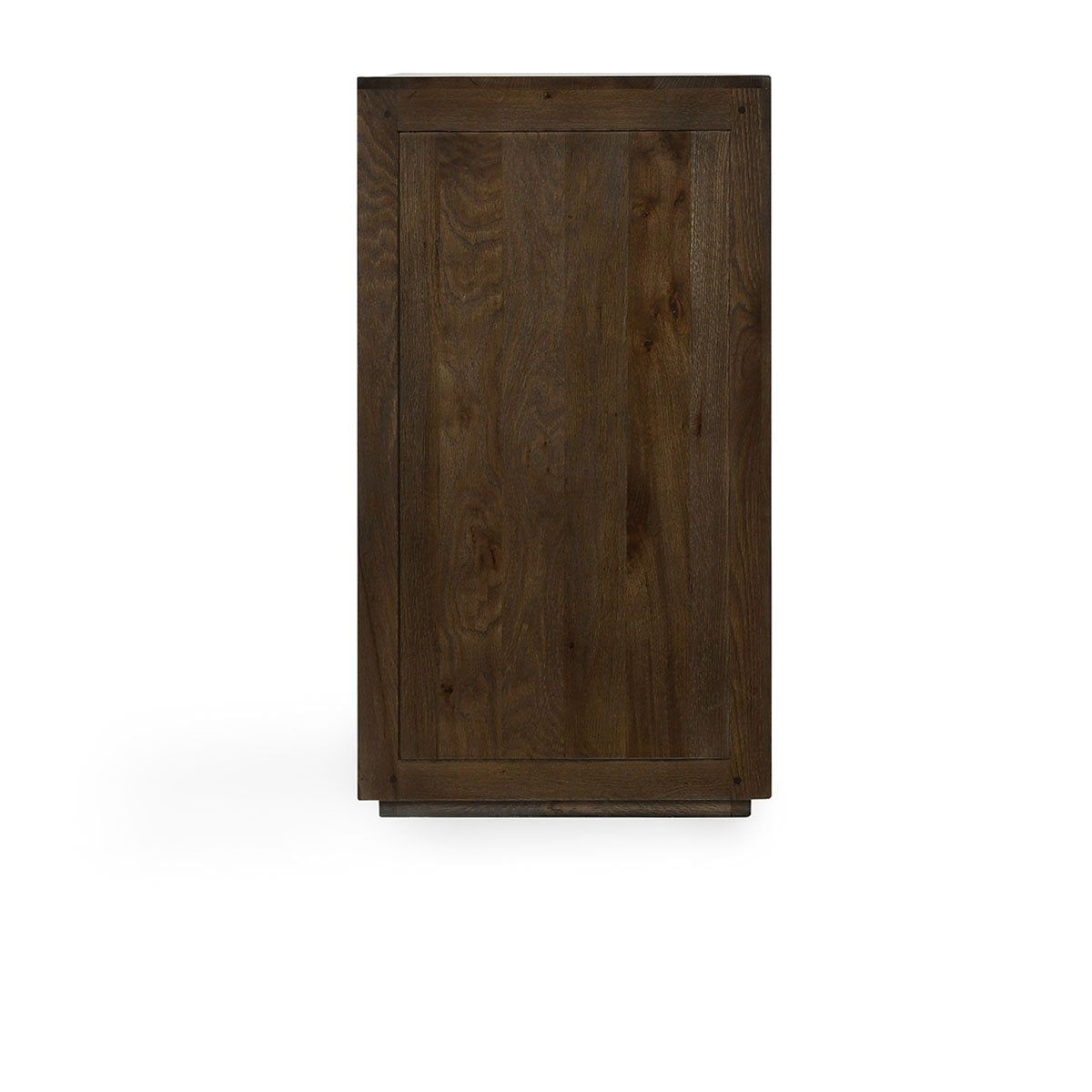 Dark brown solid wood cabinet back panel with recessed panels and base