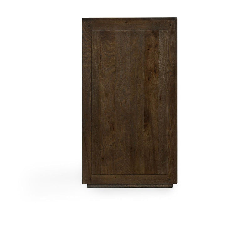 Dark brown solid wood cabinet back panel with recessed panels and base