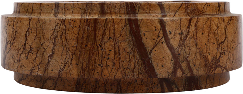 Brown marble bowl rim detail with polished edge and natural vein patterns.