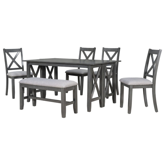Gray folding dining table with 4 chairs and bench, space-saving set for six