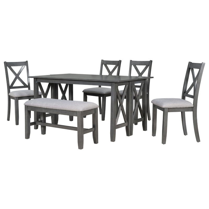 Gray folding dining table with 4 chairs and bench, space-saving set for six