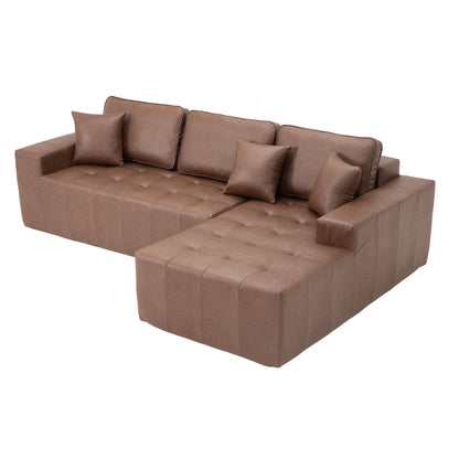 Dark brown L-shaped corner chaise sofa bed with tufted seat and square accent pillows