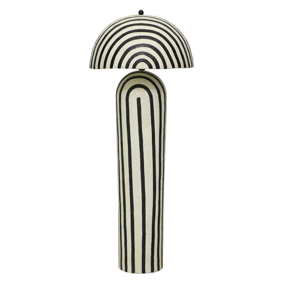 Maiori floor lamp with arched lampshade and tall column base in black and cream stripes.