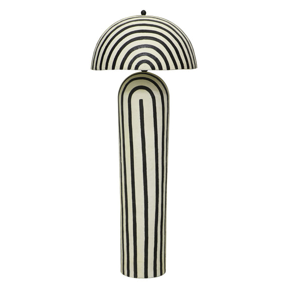 Maiori floor lamp with arched lampshade and tall column base in black and cream stripes.