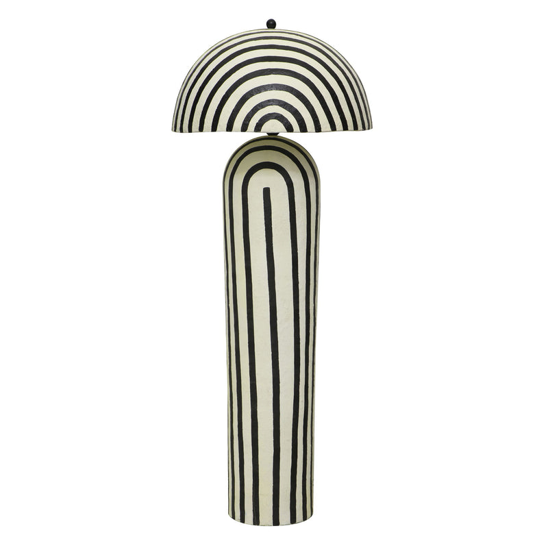 Maiori floor lamp with arched lampshade and tall column base in black and cream stripes.