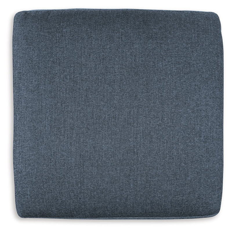 Square ottoman in dark blue woven fabric, smooth flat face panel