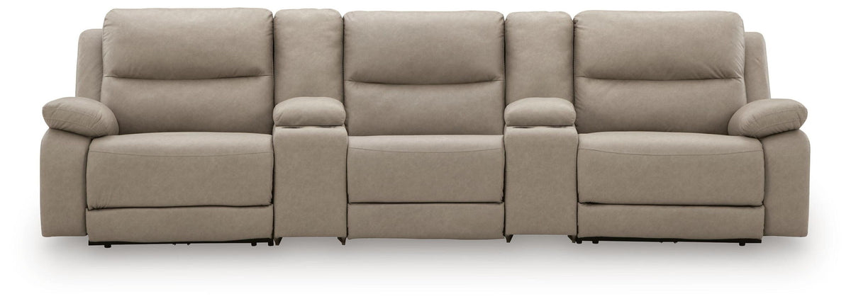 Gray reclining sectional sofa back view with uniform padded seat and head sections
