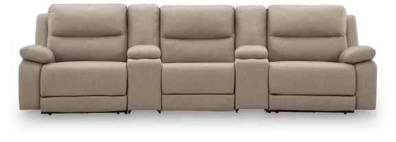 Gray reclining sectional sofa back view with uniform padded seat and head sections