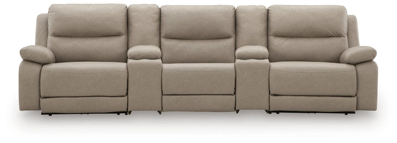Gray reclining sectional sofa back view with uniform padded seat and head sections