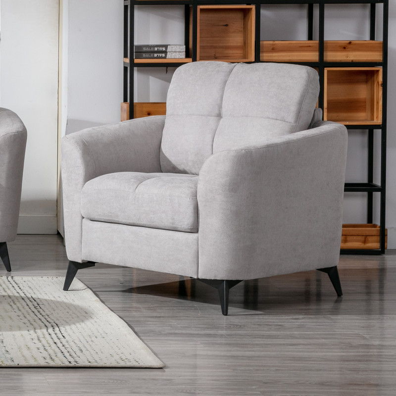 Gray upholstered armchair with rounded arms and blocky seat cushion.