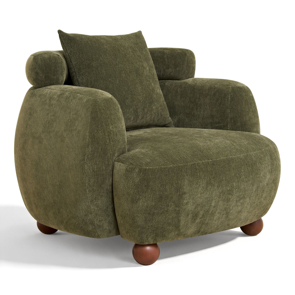 Olive green upholstered bucket-style accent chair with attached back and seat cushion