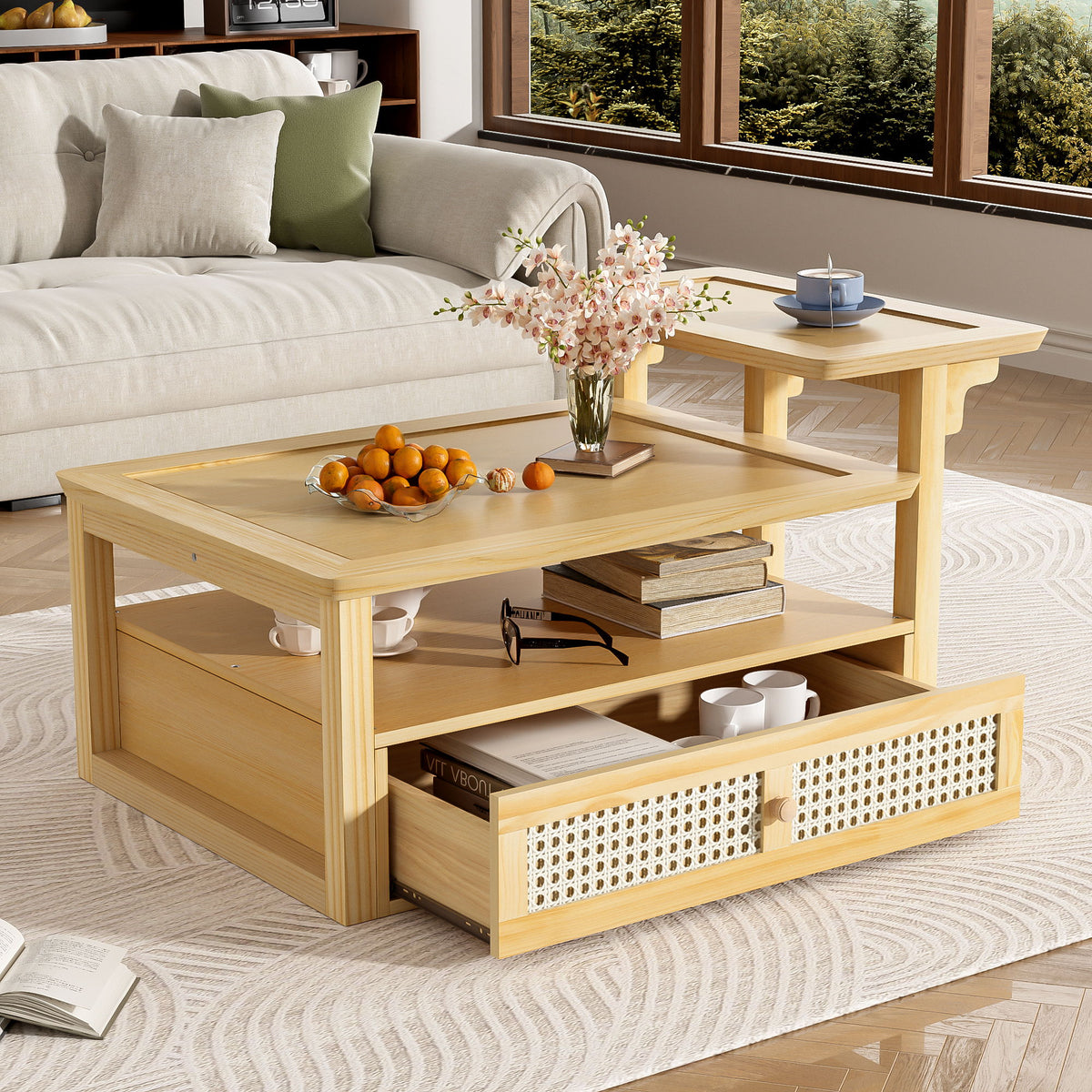 Coffee Table With 1 Storage Shelf, 2 Tabletops And 1 Rattan Drawer