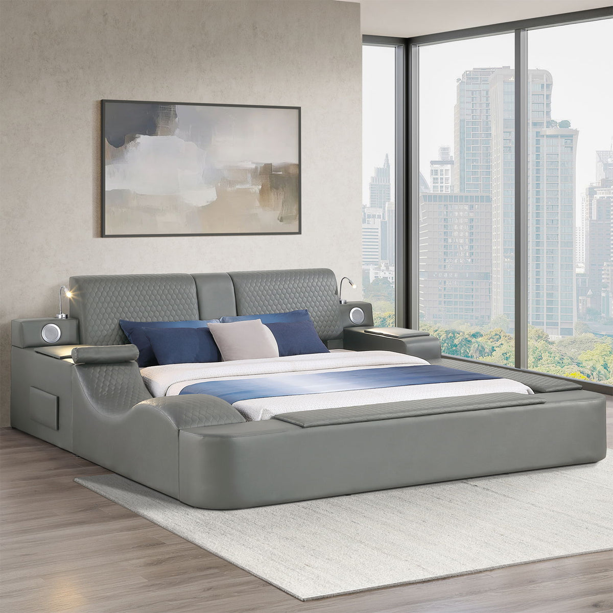 Light gray multifunctional massage bed with padded headboard and slatted base