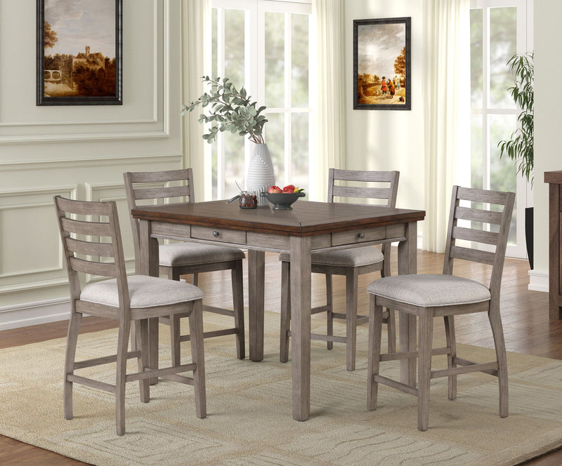 Gray ladder-back dining stools with upholstered seats around a wooden table