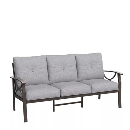 Dark gray 3-seat patio sofa with three seat cushions and tufted back pillows