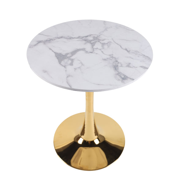 Round pedestal dining table with white marble-look top and brushed gold base