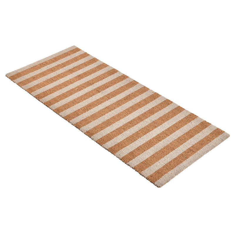 Striped doormat with ivory and tan vertical stripes, rectangular, angled view.