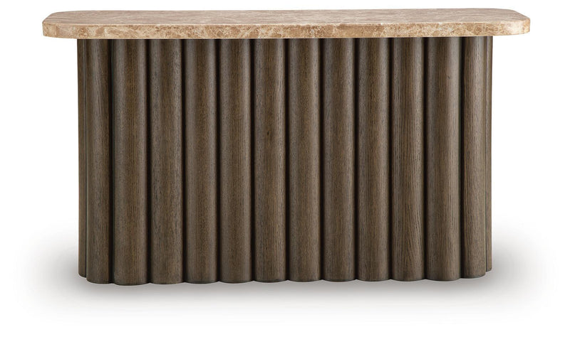 Rectangular table with speckled light stone top and dark ribbed curved base