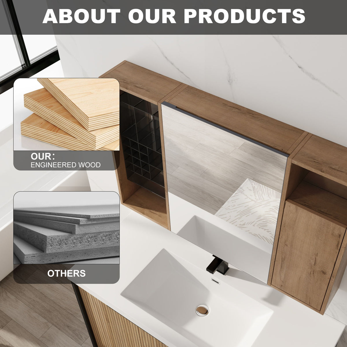 Wall-mounted bathroom mirror storage cabinet with open compartments and wood panels.