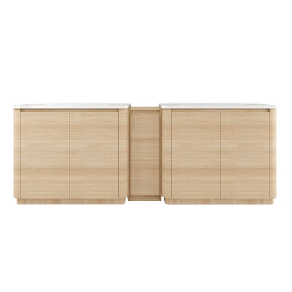 Light brown freestanding bathroom vanity with white sink top and flat-front cabinet doors