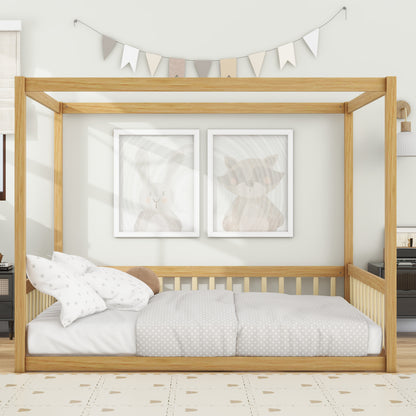 Full Size Canopy Frame Rubber Wood Floor Bed with Fence, Guardrails, Natural