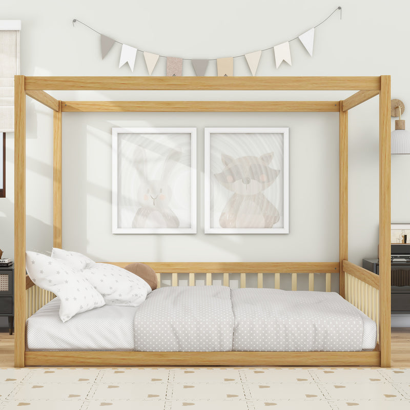 Full Size Canopy Frame Rubber Wood Floor Bed with Fence, Guardrails, Natural
