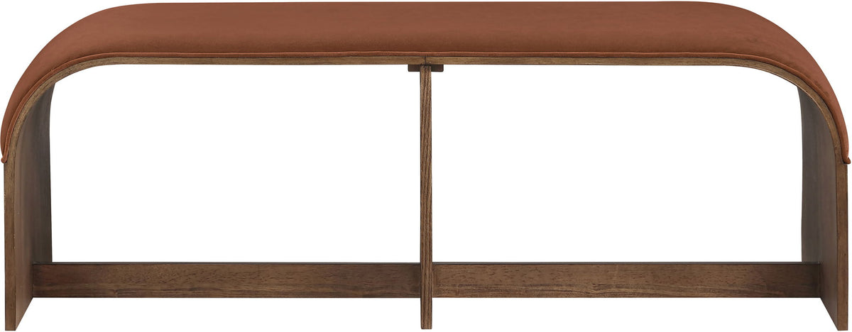 Dark red velvet upholstered bench with curved arms and squared wooden legs