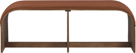 Dark red velvet upholstered bench with curved arms and squared wooden legs
