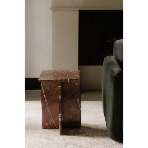 Rosso red marble-look accent table with square top and veined pedestal base