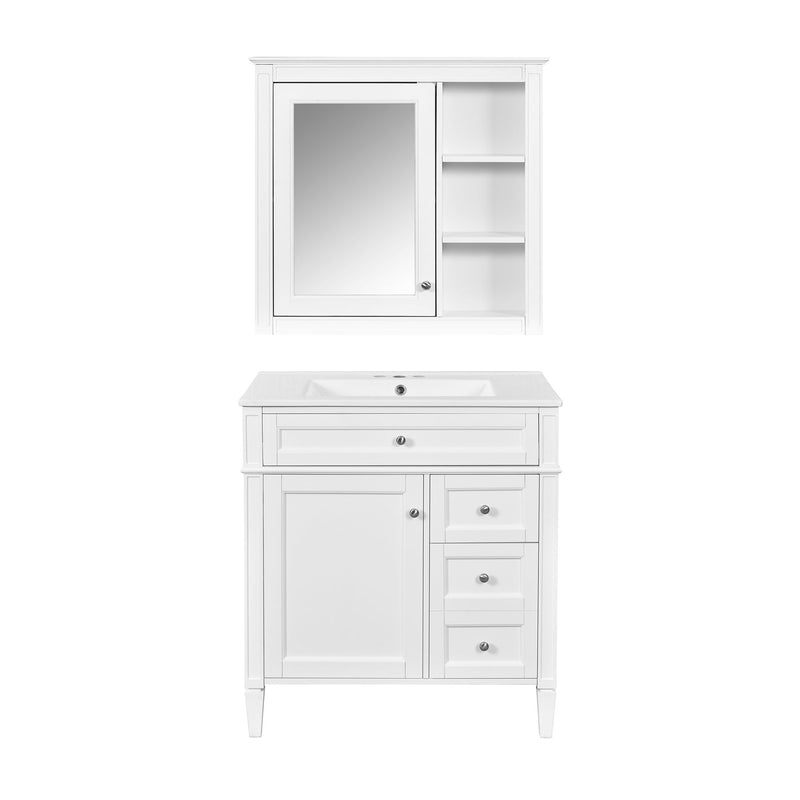 Bathroom Vanity With Top Sink, 2 Doors And 3 Drawers, Freestanding Set With Mirror Cabinet
