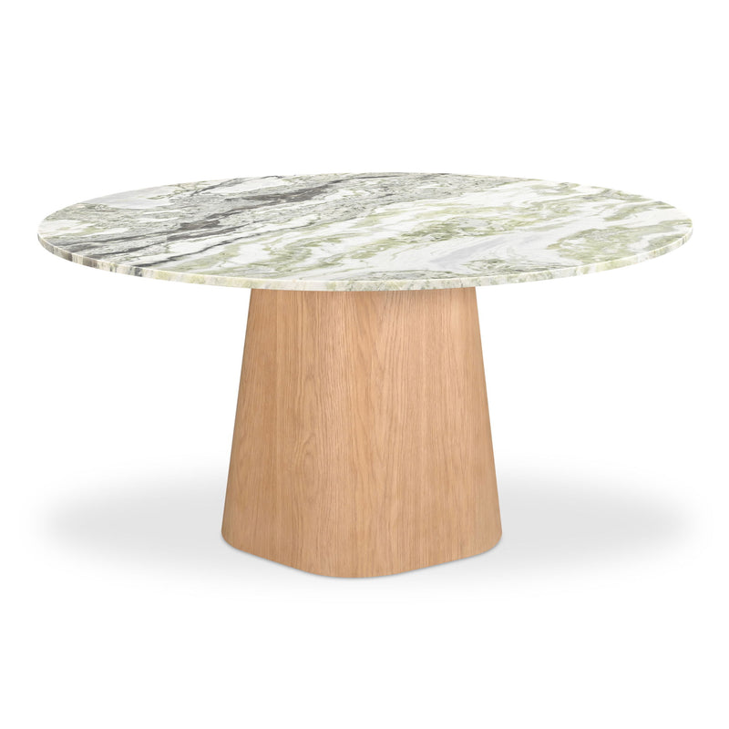 Round dining table with a veined stone top and tapered light wood pedestal base.