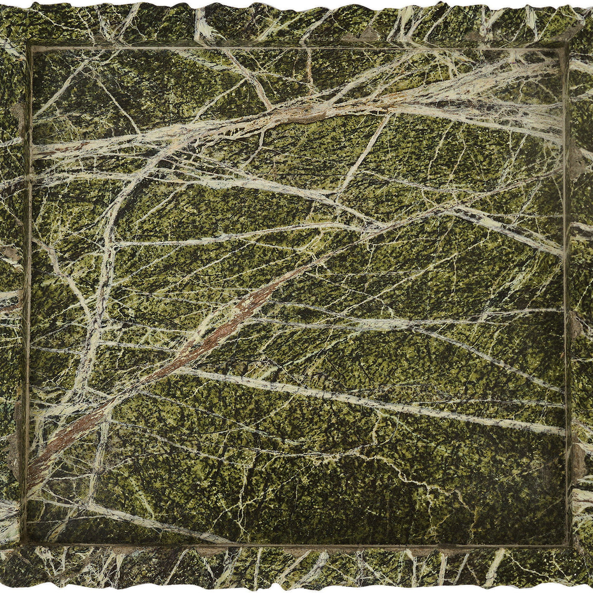 Genuine marble tray with rectangular rim, dark green stone with white veining.