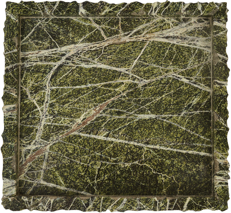 Genuine marble tray with rectangular rim, dark green stone with white veining.