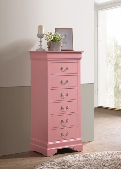 Pink wooden lingerie storage chest with five drawers and decorative metal pull handles