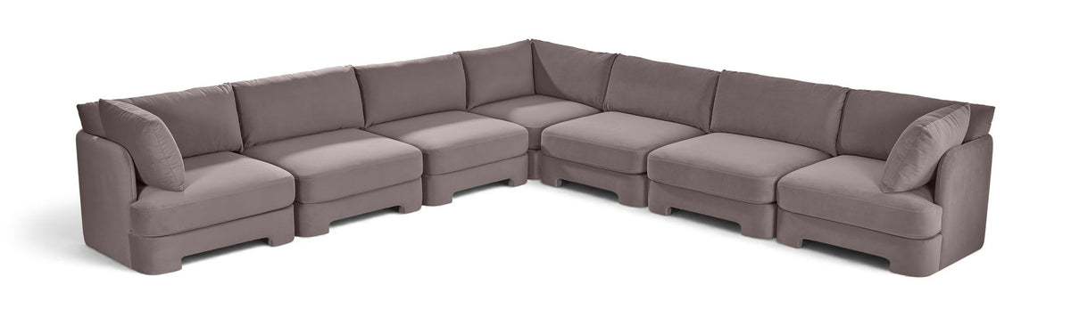 Light gray velvet corner sectional sofa with side chaise and 7-piece setup