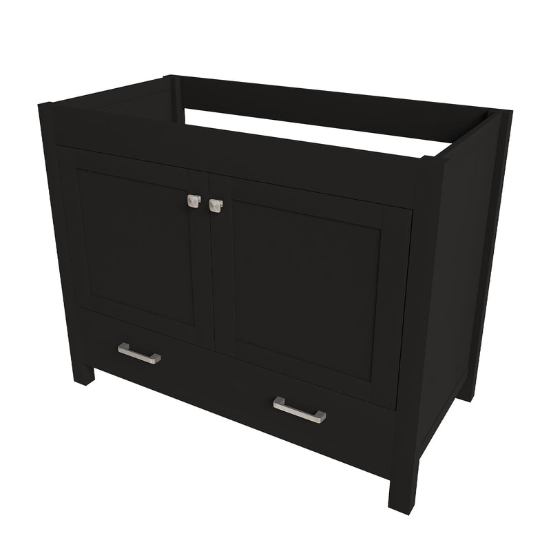Black bathroom vanity cabinet with two doors and two drawer pulls, open top frame
